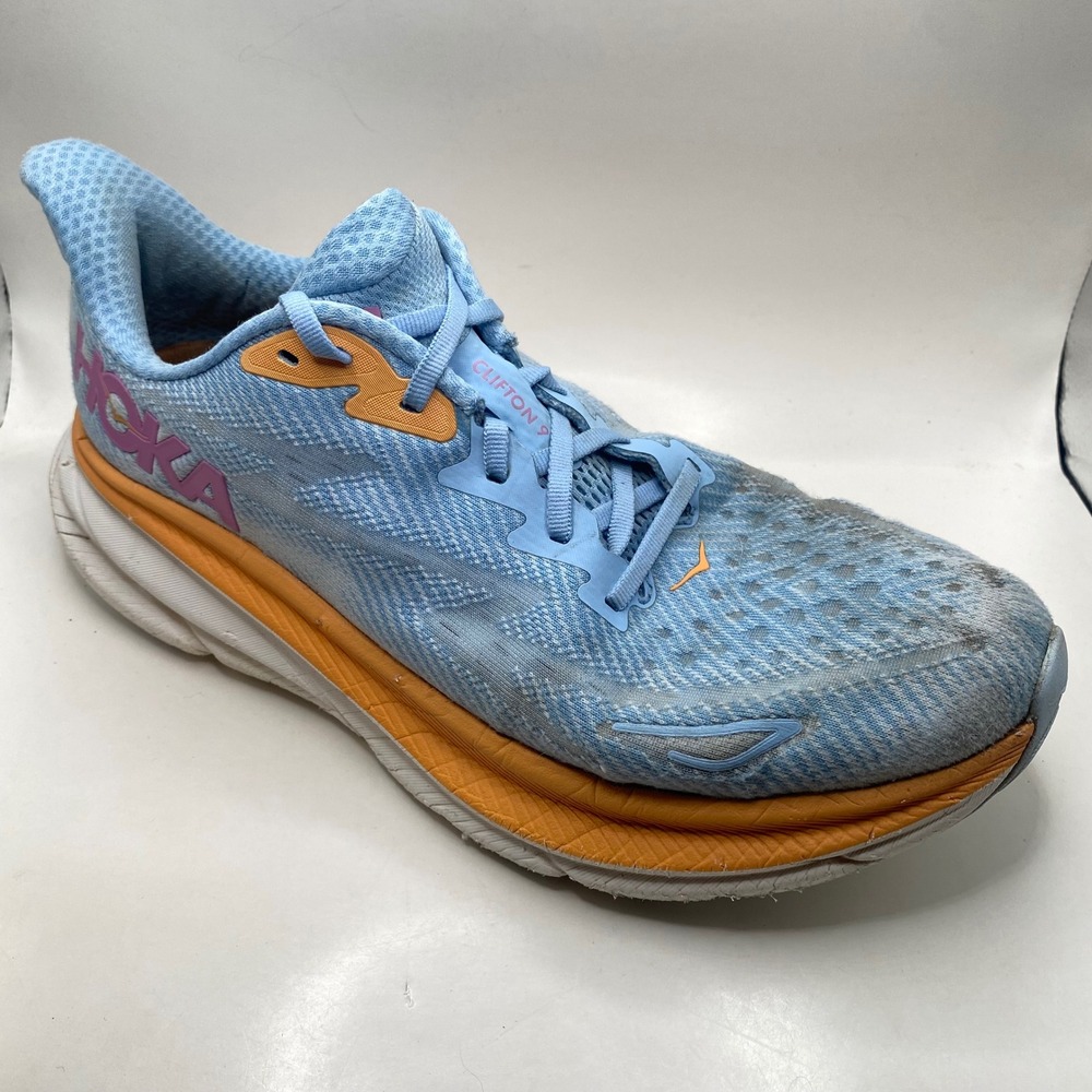 Hoka Clifton 9 Running Shoes Womens 9.5 Blue Orange Pink Mesh Athletic Sneakers